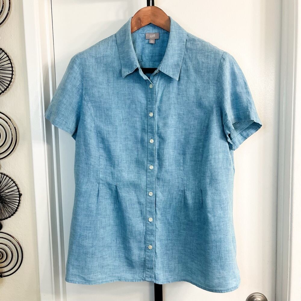J Jill Womens 100% Linen Button Front Shirt Top Minimalist - Blue, Size XL